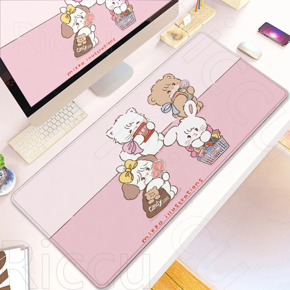 Pink cartoon illustration desk mat featuring cute bear and rabbit characters for gaming