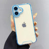 A hand holds a clear phone case with a light blue border and a transparent back, featuring an Apple logo and dual camera lens