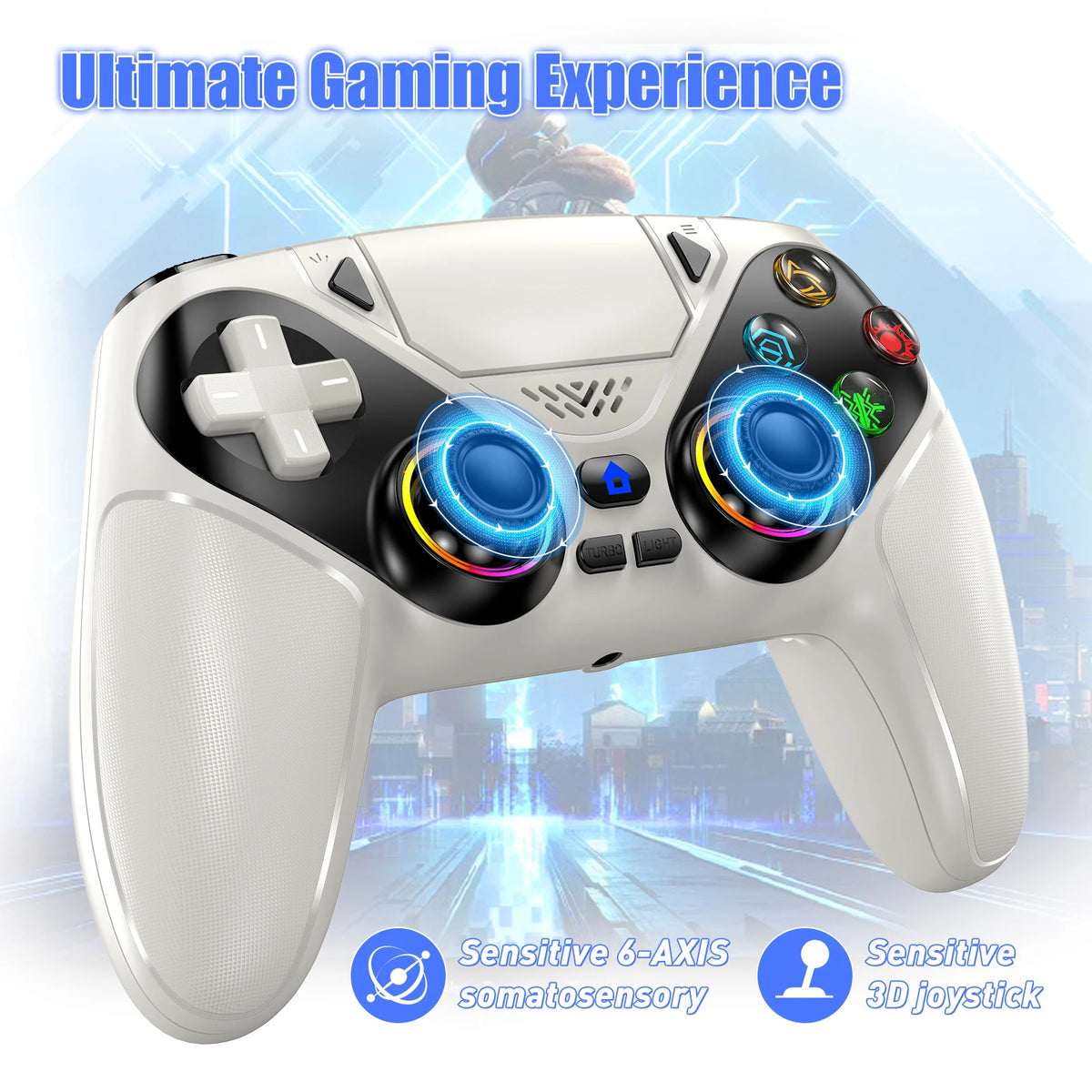 White RGB wireless gaming controller with 6-axis somatosensory and 3D joystick features