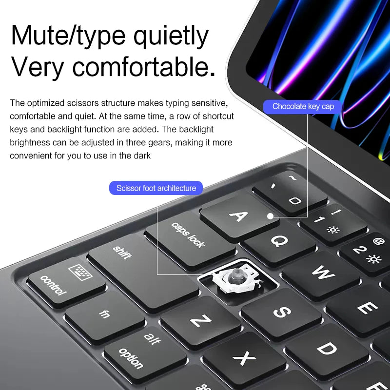 Close-up of a black Magic Keyboard with scissor foot architecture and keys, showing the typing surface and backlight.