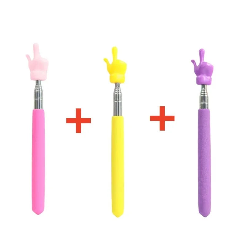 Three teaching pointers in pink, yellow, and purple with stainless steel tips.