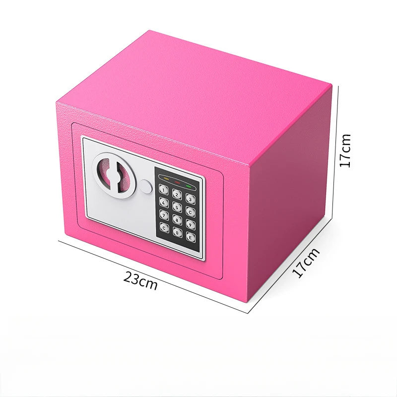 A pink rectangular digital lock safe box with a keypad and a circular keyhole, shown from the side.