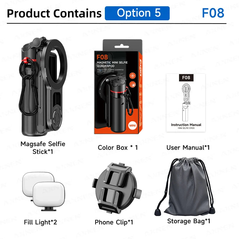 Magnetic mini selfie stick tripod with storage bag and fill light for smartphone video