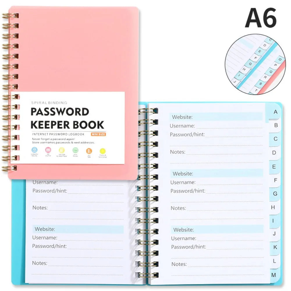 A6 spiral binding password keeper notebook with alphabetical tabs and blank pages