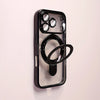 A clear magnetic phone case with a stand for an iPhone, featuring multiple camera lenses and a ring grip.