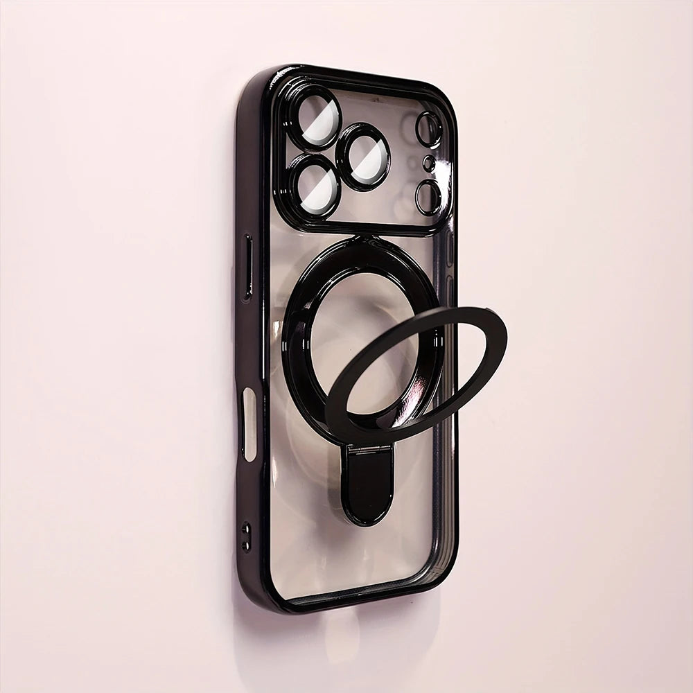 A clear magnetic phone case with a stand for an iPhone, featuring multiple camera lenses and a ring grip.