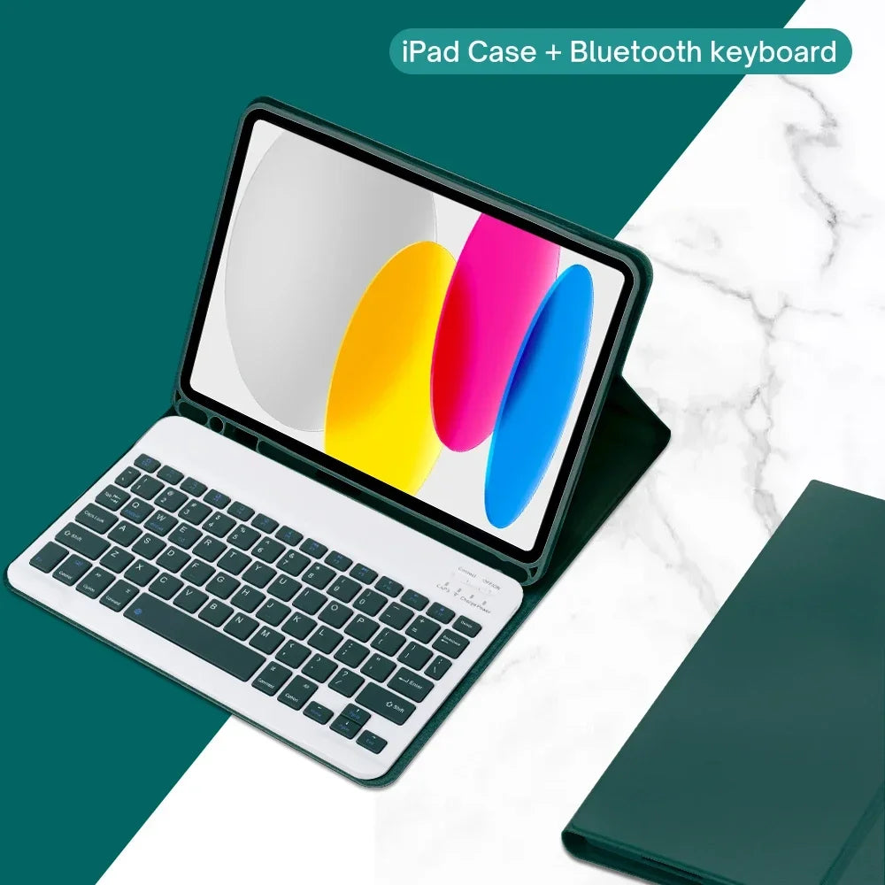 A white iPad case is shown open with a detachable Bluetooth keyboard, set against a dark green and white marble background.