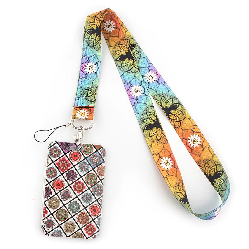A colorful, patterned fabric lanyard with a decorative tag attached.