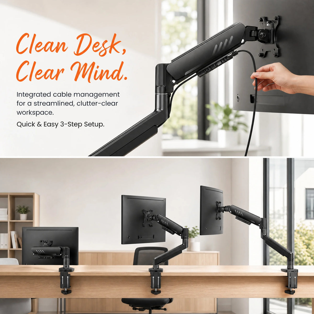 A black premium single monitor desk mount with a gas spring arm is shown mounted to a desk.