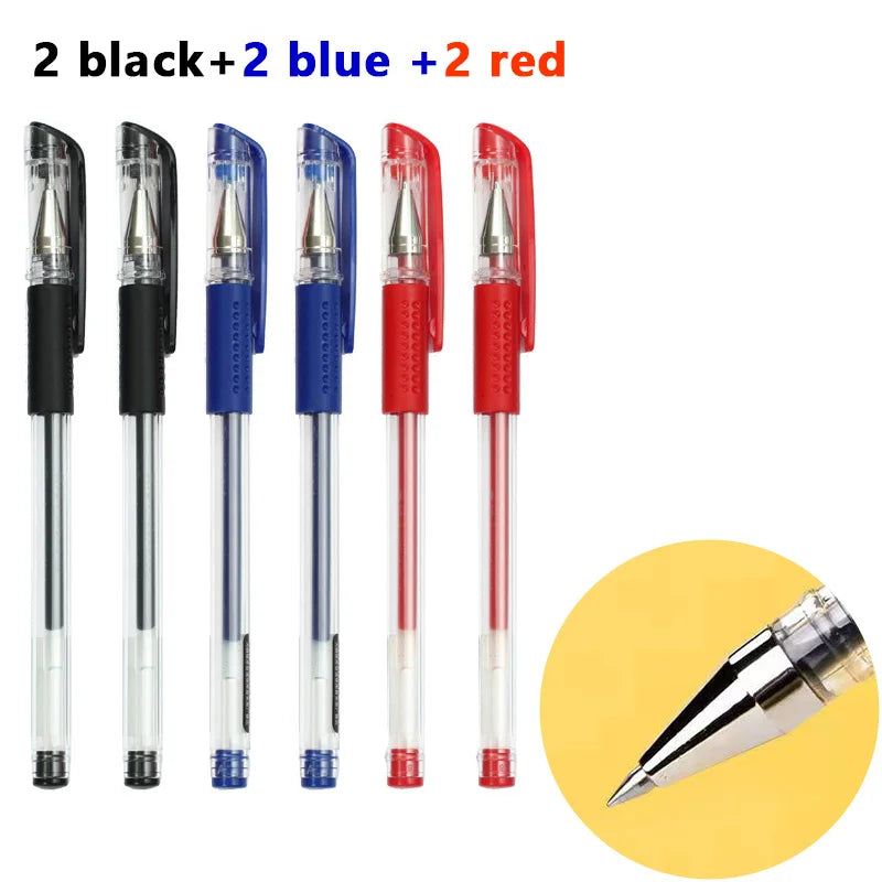 Un set de siete bolígrafos de gel multicolor, incluyendo dos negros, dos azules y dos rojos con recambios.