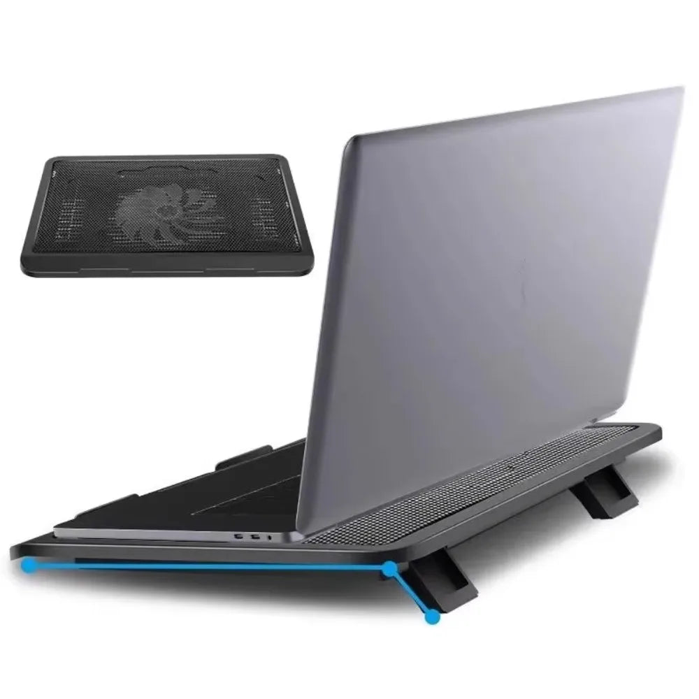 A silver laptop is placed on an adjustable metal cooling pad with an integrated LED fan.