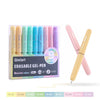 A set of nine colorful erasable gel pens in various shades, including pink and purple, displayed next to a single yellow-pink