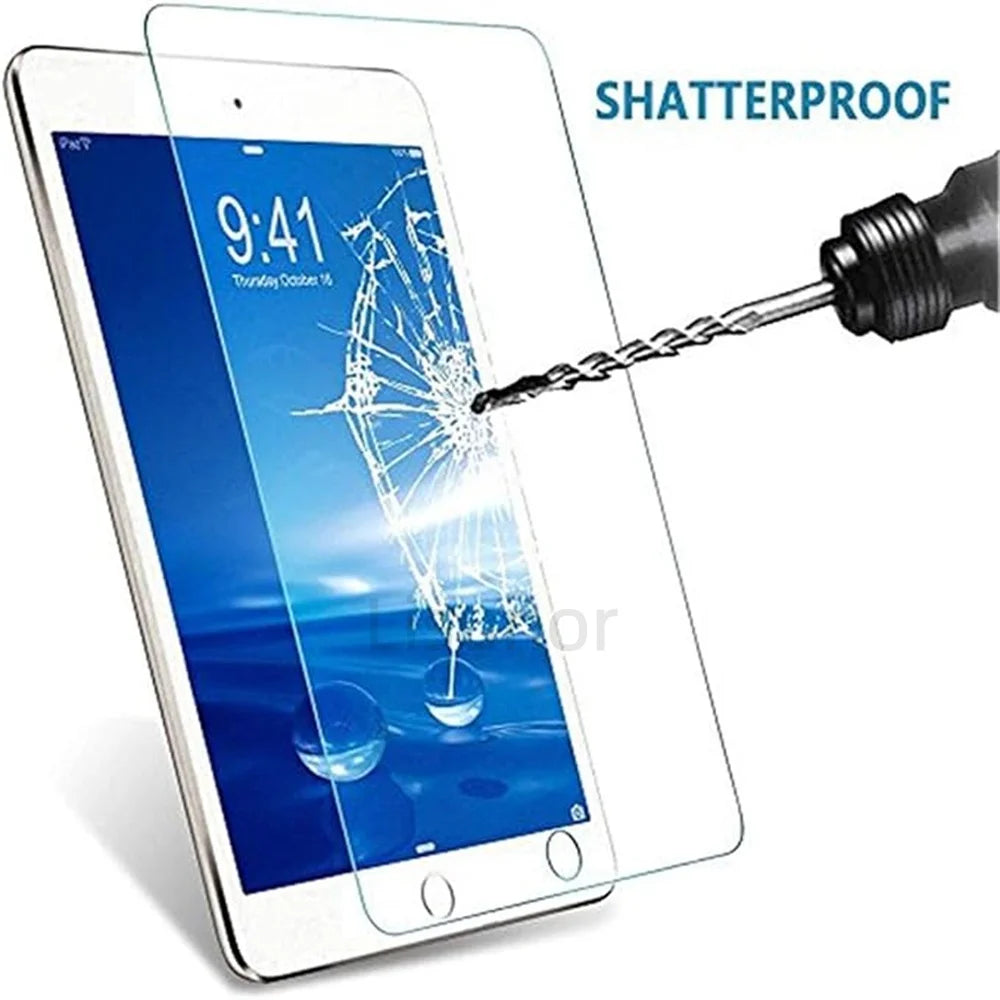 A shattered glass effect is shown on an iPad screen, demonstrating the shatterproof quality of a tempered glass screen protec