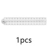 A transparent folding ruler with millimeter markings and a circular scale is shown.