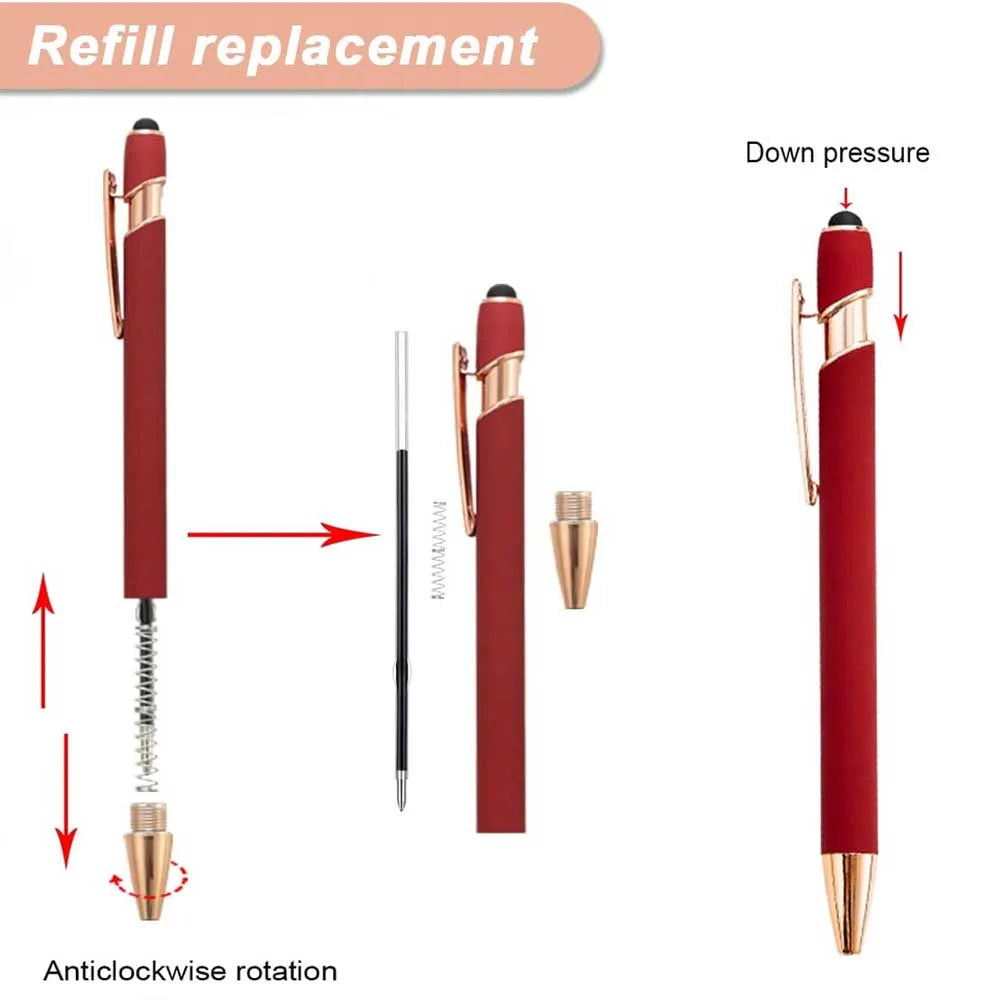 A red metal stylus pen is shown in various orientations demonstrating refill replacement and anticlockwise rotation.