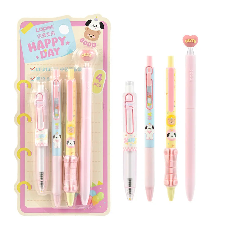 A set of four cute heart-shaped gel pens featuring various animal patterns and pink colors.