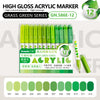 A set of 12 Grass Green series high-gloss acrylic marker pens in various shades displayed on a white background.