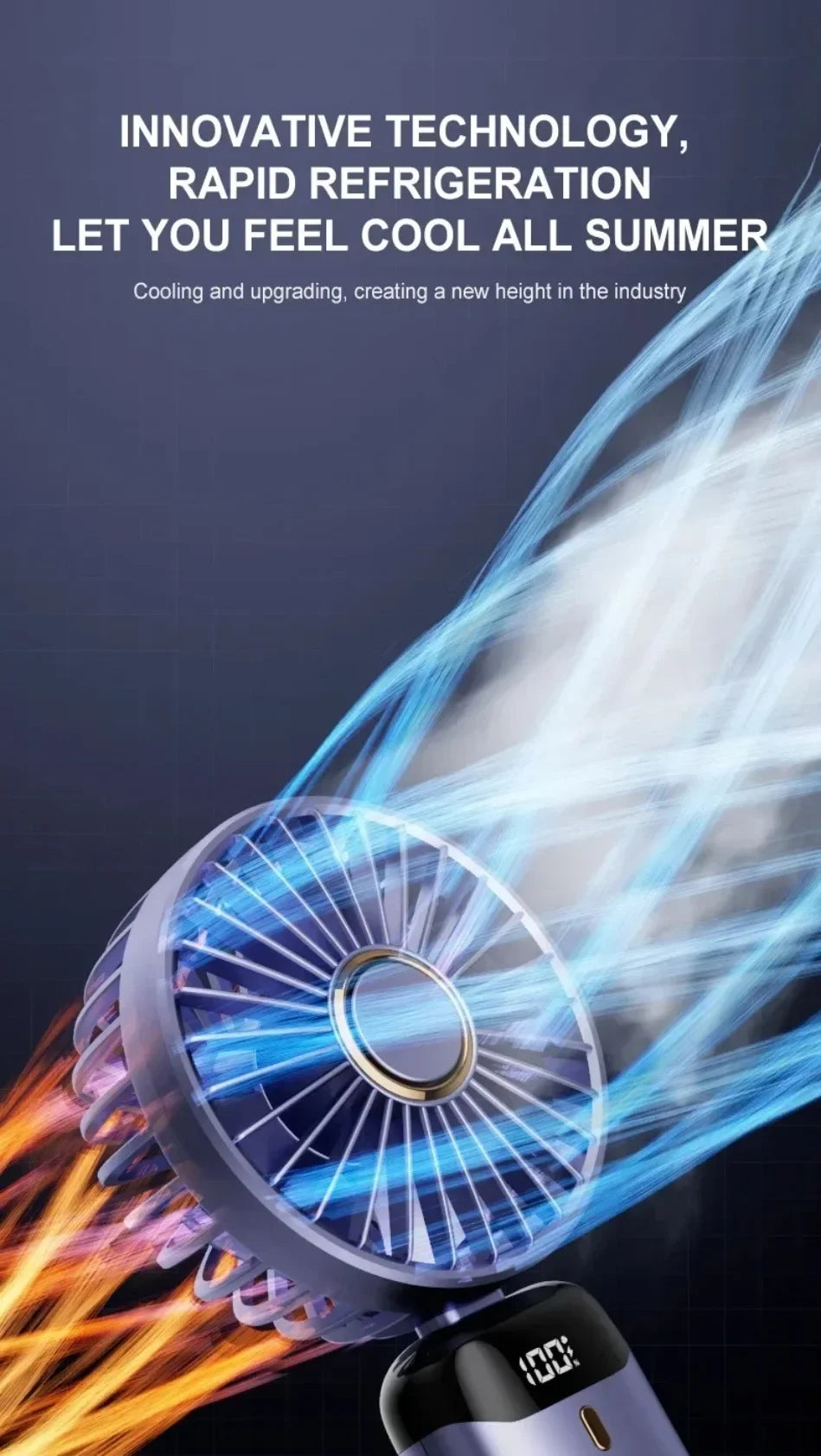 Primer plano de un ventilador mini portátil con una pala azul girando, generando un chorro de aire.