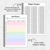 A planner notebook with a water tracker and a meal planner section for weekly meal planning.