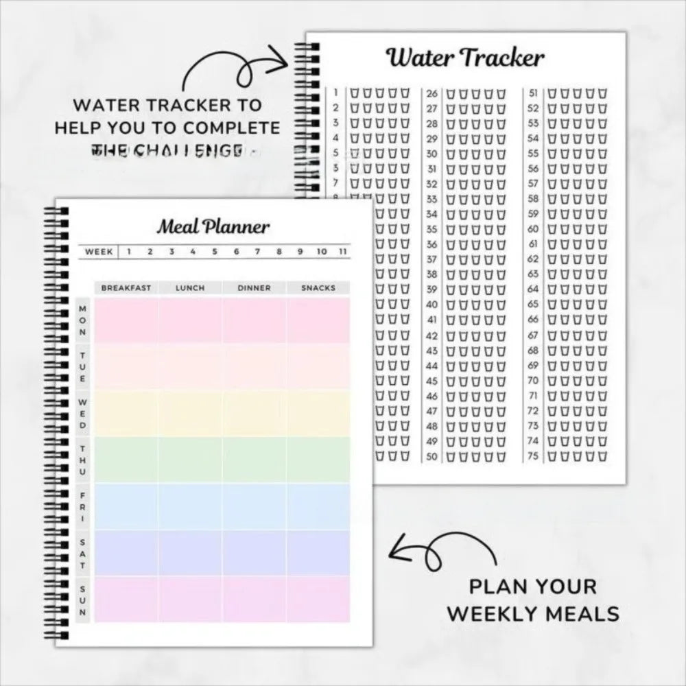 A planner notebook with a water tracker and a meal planner section for weekly meal planning.