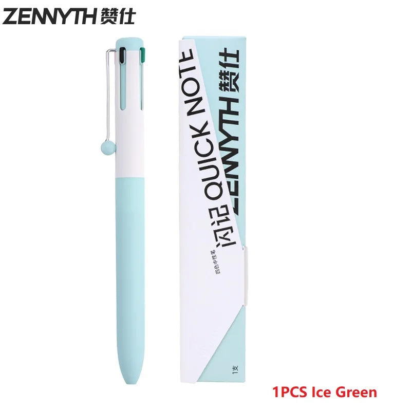 A light blue ZENYTH pen with a clear plastic body and a white sleeve is shown next to its packaging.