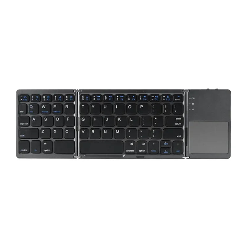 A black folding Bluetooth keyboard with a touchpad shown from the top view.