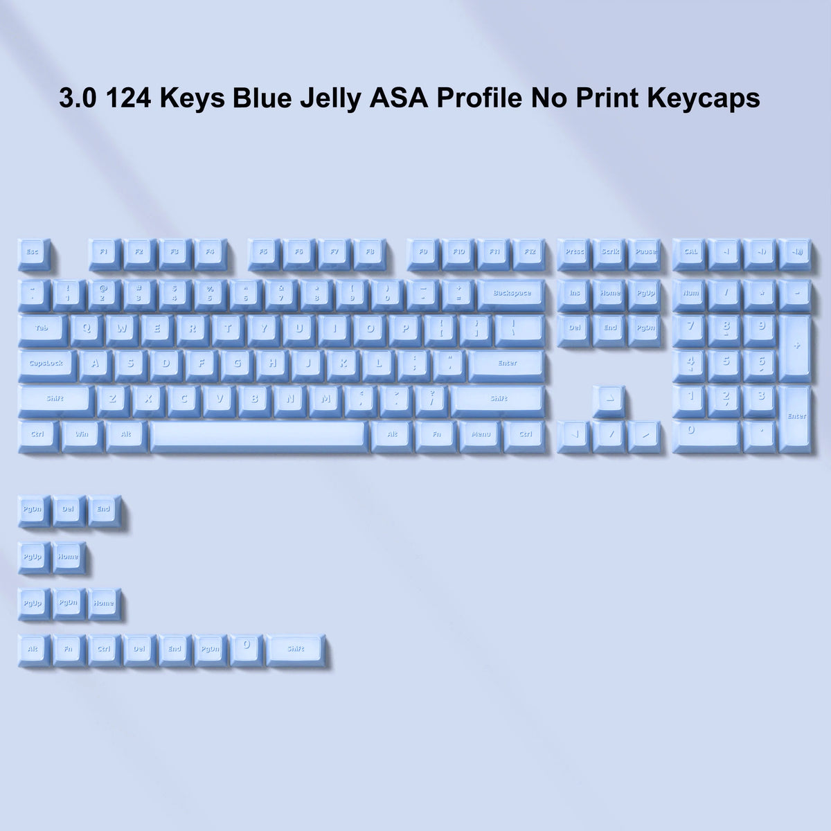 A close-up view of a blue jelly ASA profile keyboard featuring 124 keys with no print keycaps.