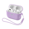 A purple silicone earphone case with a strap is open, showing two white earbuds inside.