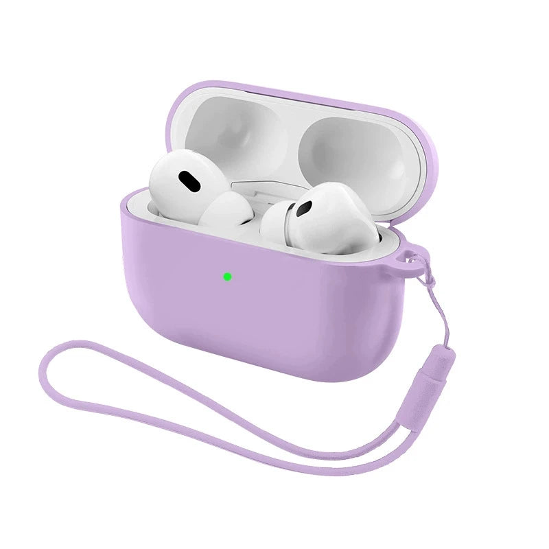 A purple silicone earphone case with a strap is open, showing two white earbuds inside.