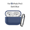 A dark blue silicone protective case with a keychain for AirPods Pro 3 earbuds.