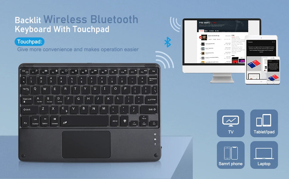 A black backlit wireless Bluetooth keyboard with a touchpad is shown alongside a laptop and smartphone.