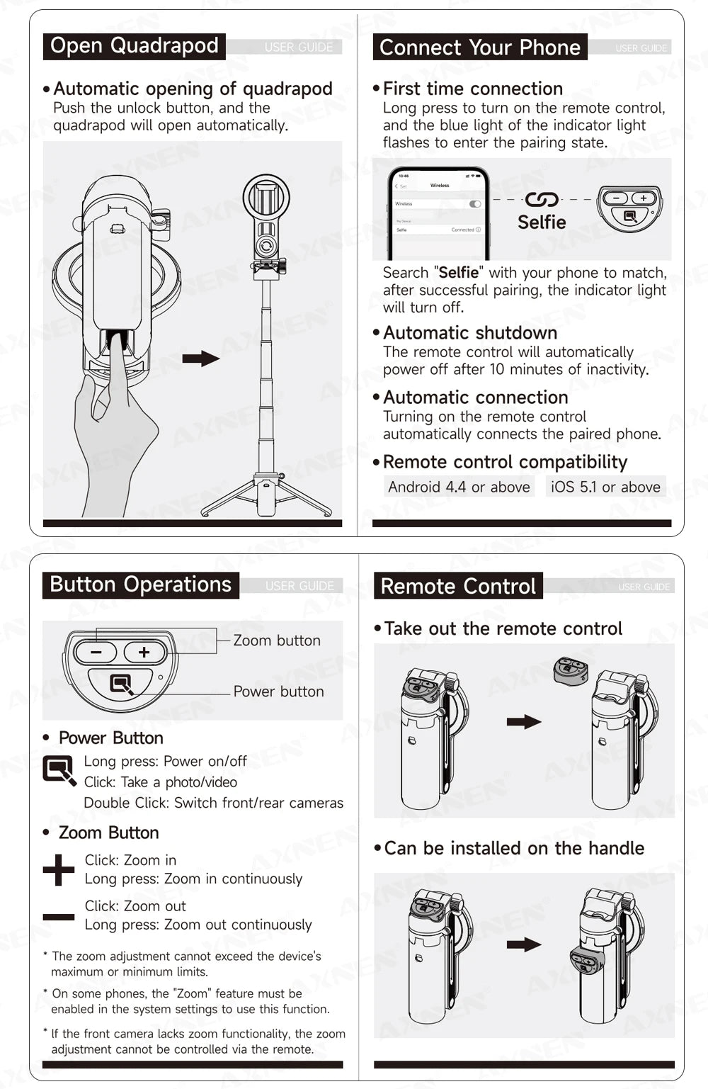 Diagrams showing operation instructions for a magnetic selfie stick tripod and remote control.