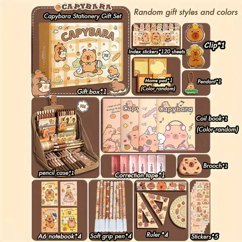 A Capybara stationery gift set featuring a pencil case, notebook, correction tape, ruler, and stickers.