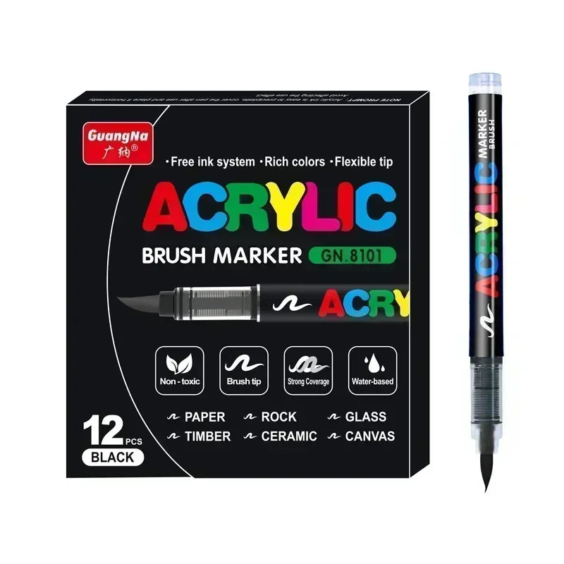 A box and a black acrylic brush marker pen set for DIY art and crafting.