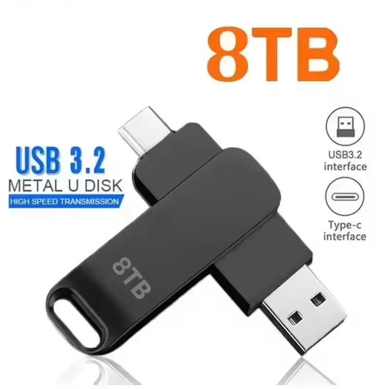 Black 8TB USB 3.2 Metal U disk with a Type-C interface connector.