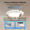 A hand holds a white magnetic LED night light, demonstrating its easy installation method.