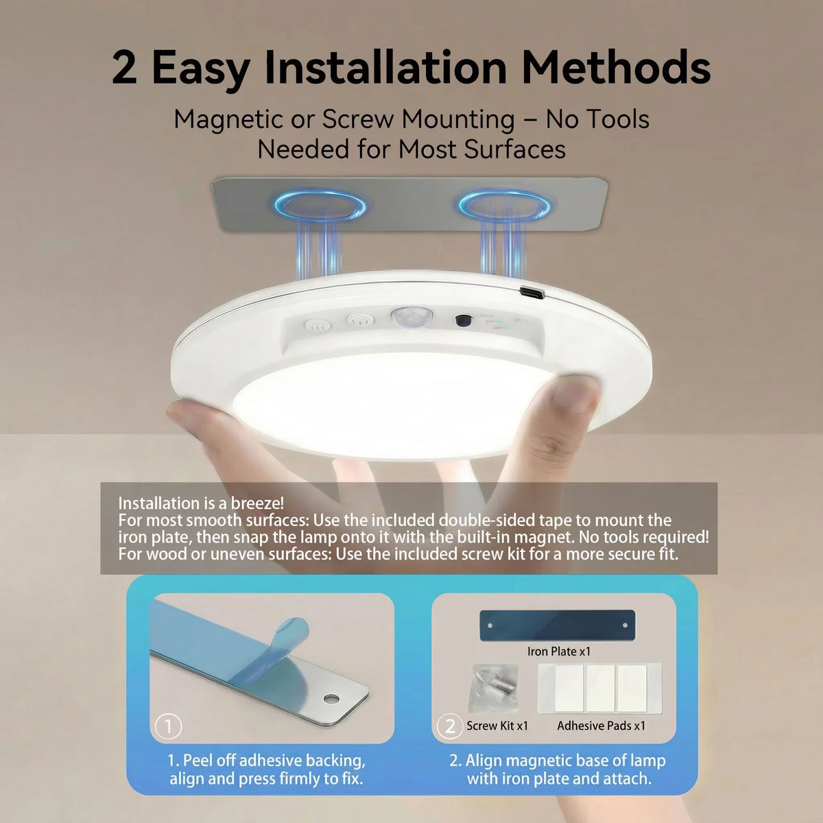 A hand holds a white magnetic LED night light, demonstrating its easy installation method.