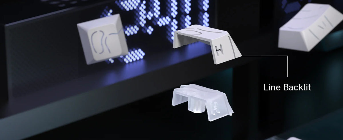A close-up view of a white PBT keycap set with side legends and a translucent line backlight on a dark surface.