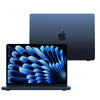 A dark blue MacBook Air laptop is shown with its protective case, next to the open laptop.