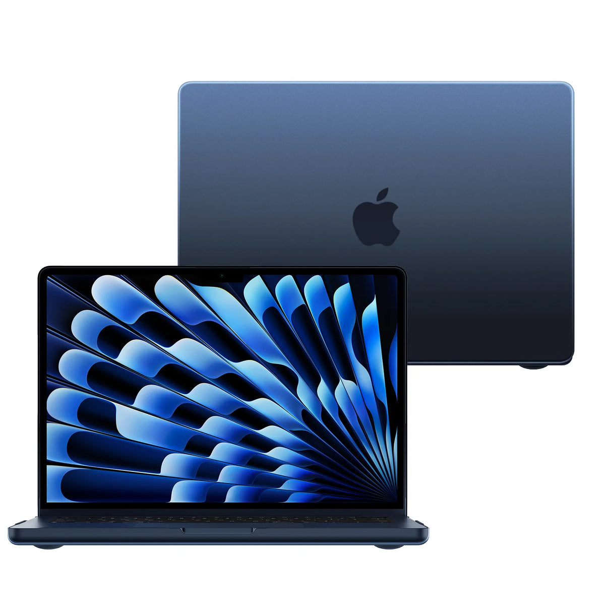 A dark blue MacBook Air laptop is shown with its protective case, next to the open laptop.