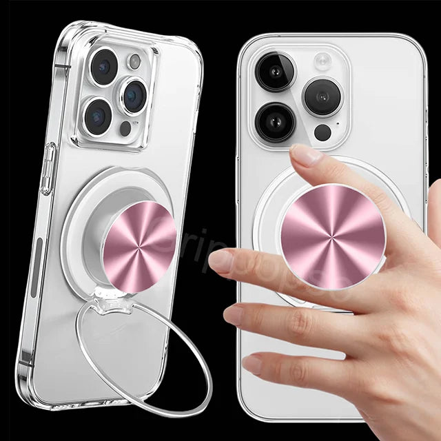 A clear magnetic phone ring holder and stand with a pink rotating ring is shown next to a hand.