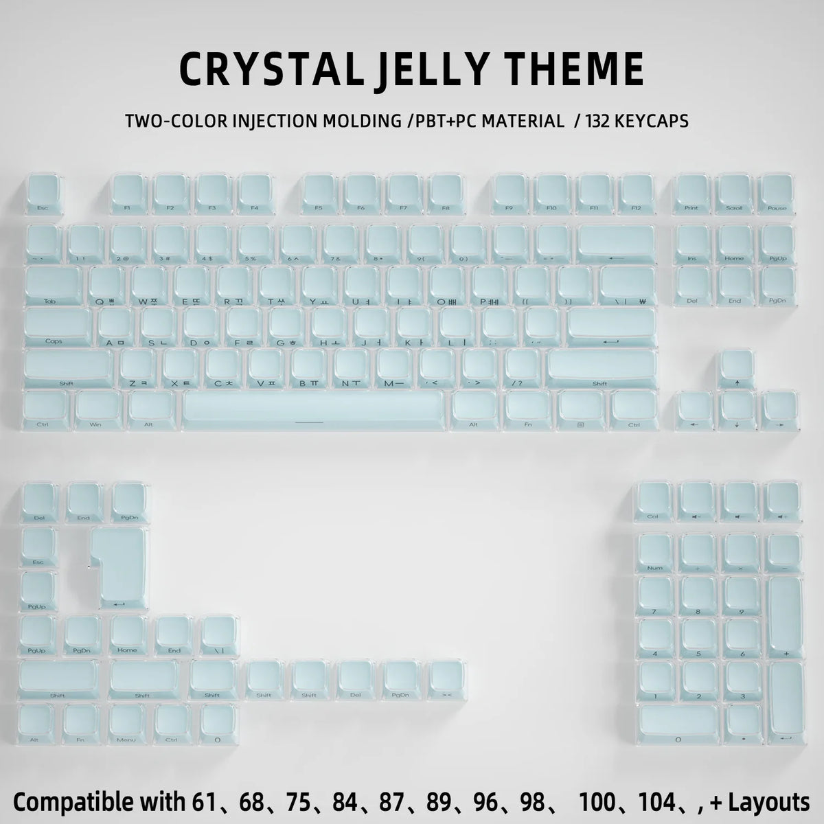 A white mechanical keyboard featuring light blue crystal jelly themed keycaps and a matching plastic frame.