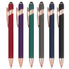 A set of five retractable stylus and ballpoint pens in various colors including red purple green gray and blue.