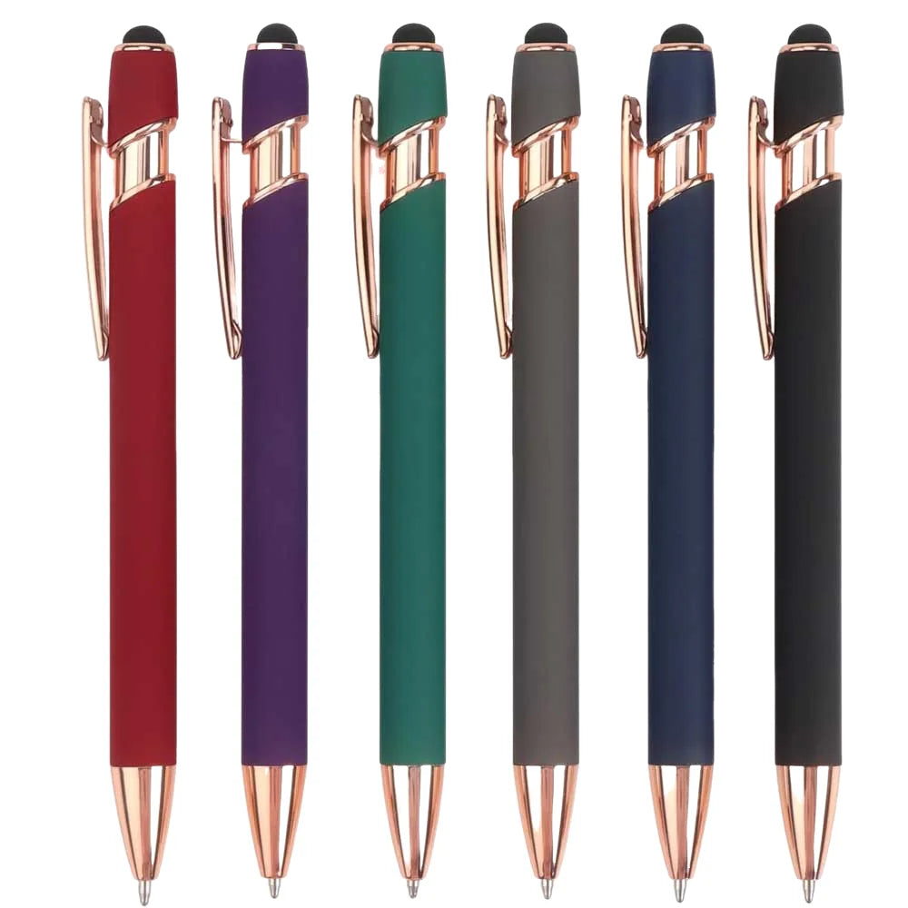 A set of five retractable stylus and ballpoint pens in various colors including red purple green gray and blue.