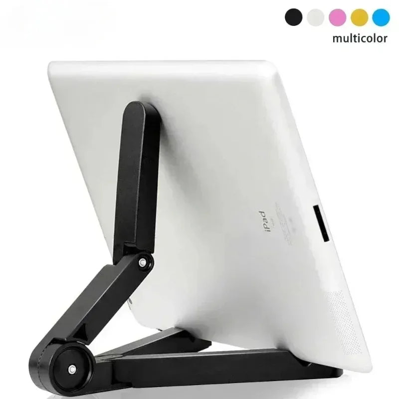 A white tablet stand designed to hold an iPad or phone, featuring a black adjustable folding arm.