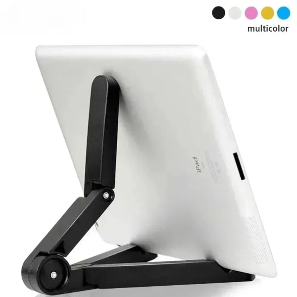 A white tablet stand designed to hold an iPad or phone, featuring a black adjustable folding arm.