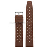 Brown perforated silicone watch strap with a metal quick release buckle.