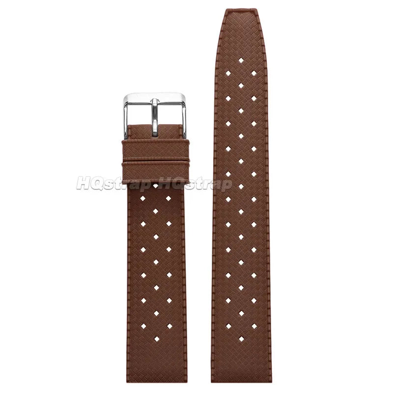 Brown perforated silicone watch strap with a metal quick release buckle.