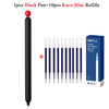 A set of 1 black pen and 10 blue Kaco ink refills for gel pens.