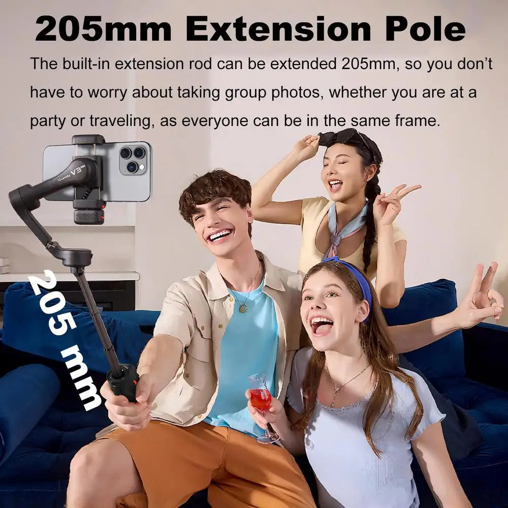 A group of three young women and a young man posing together while using a 205mm extension pole for group photos.